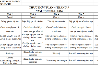 THỰC ĐƠN TRƯỜNG MẦM NON LAM HẠ TUẦN 4 THÁNG 9/2025
