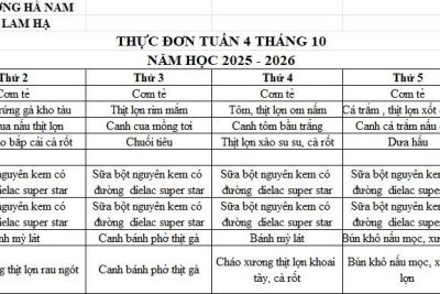 THỰC ĐƠN TRƯỜNG MẦM NON LAM HẠ TUẦN 4 THÁNG 10/2025