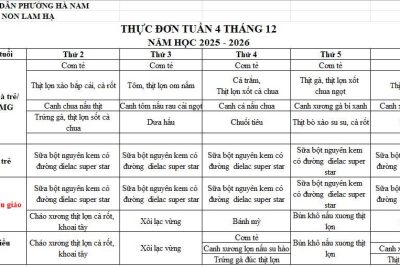 THỰC ĐƠN TRƯỜNG MẦM NON LAM HẠ TUẦN 5 THÁNG 12/2025