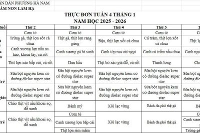 THỰC ĐƠN TRƯỜNG MẦM NON LAM HẠ TUẦN 4 THÁNG 1/2026